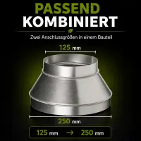 Reduzierstück 250 mm / 125 mm Metall – Lüftungsreduzierung Adapter